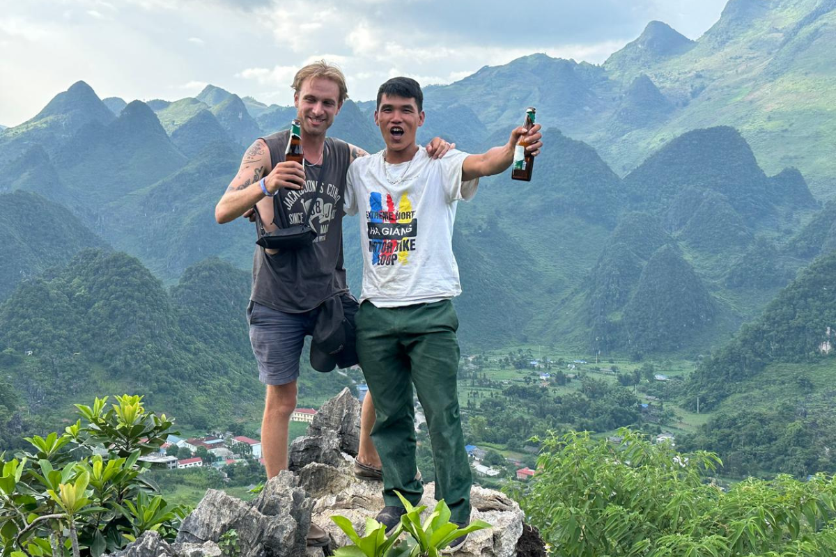 Tourists take trekking and take picture in high mountain tops