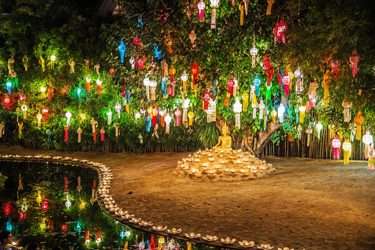 Lanterns lighting up a street in Chiang Mai during December festivities