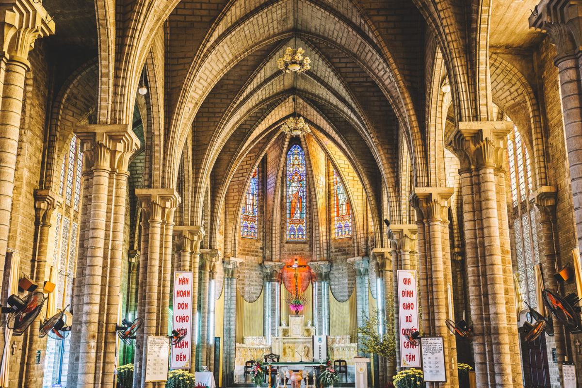 Nha Trang’s Christ the King Cathedral with Gothic stone facade and stained-glass windows