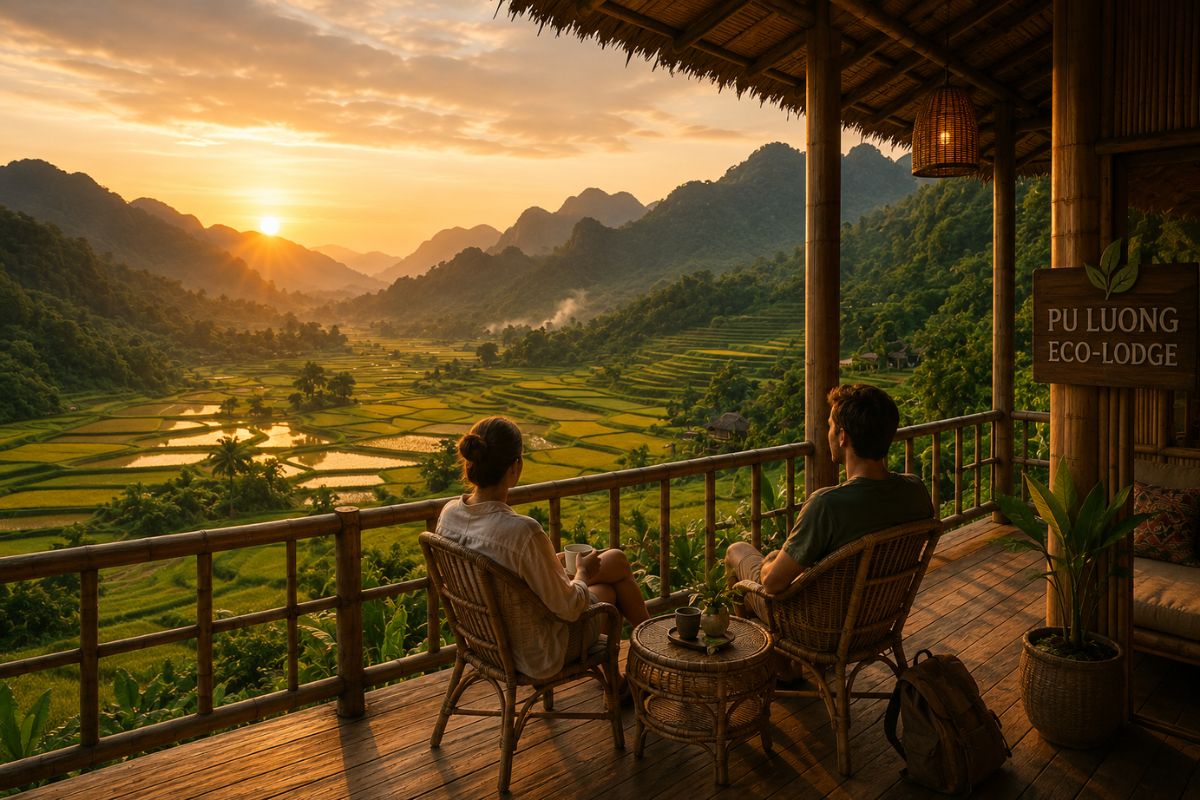 View from a Pu Luong eco-lodge deck across terraced rice fields at sunset
