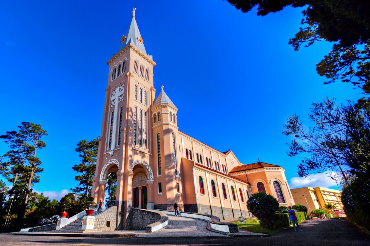 St. Nicholas Cathedral in Dalat with rooster statue atop the tower