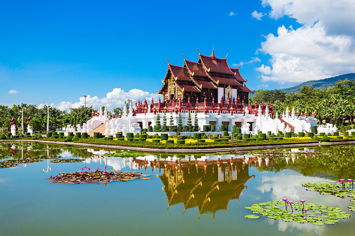 Colorful flower gardens and Ho Kham Luang Royal Pavilion at Royal Park Rajapruek