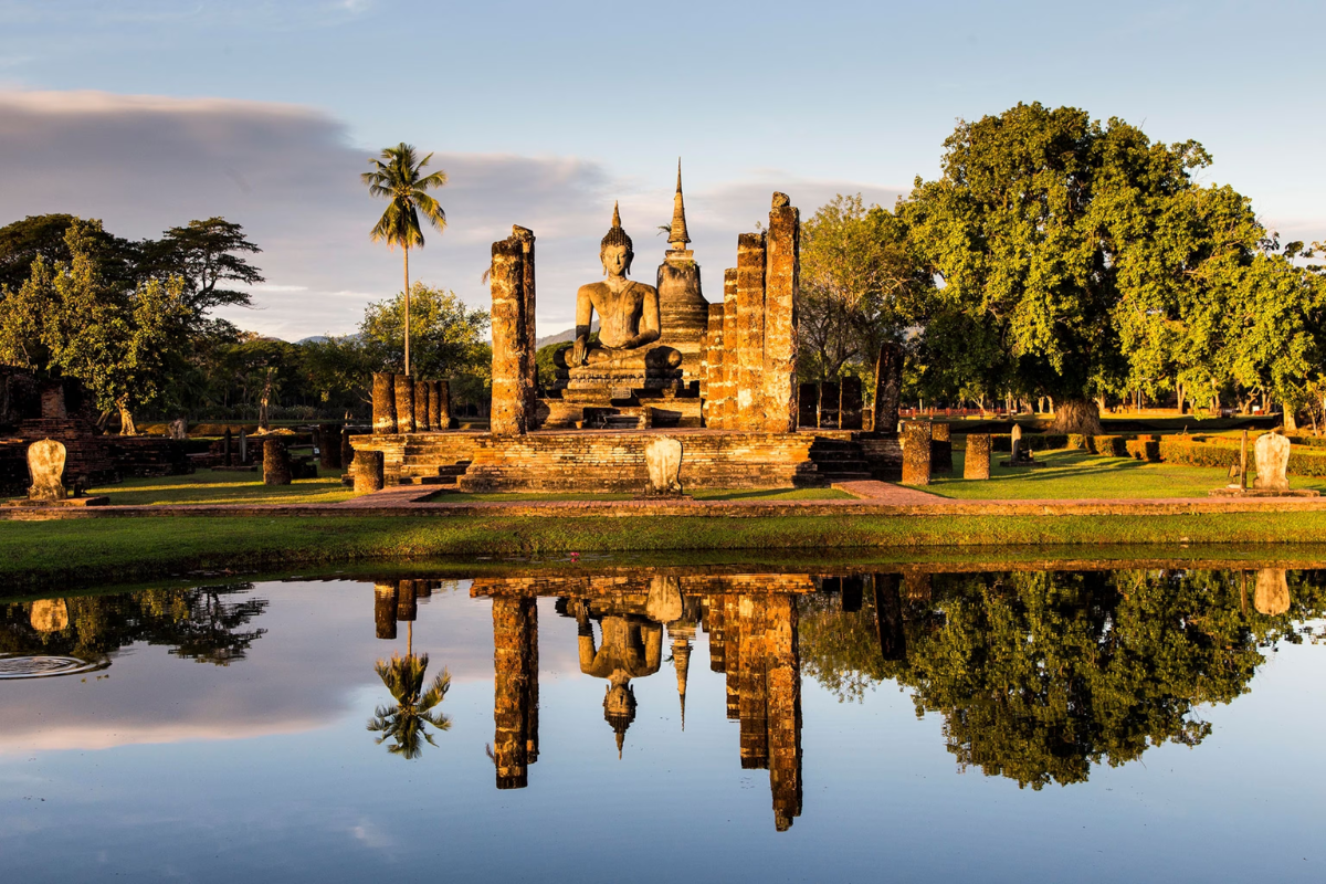 Ancient temple ruins in the central area of Sukhothai Historical Park, Thailand