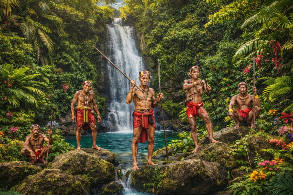 Traditional warriors by the waterfall at Sumatra Island