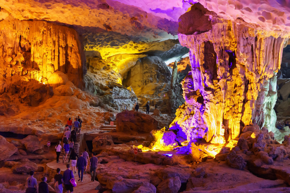 Inside Sung Sot Cave with spectacular stalactite formations