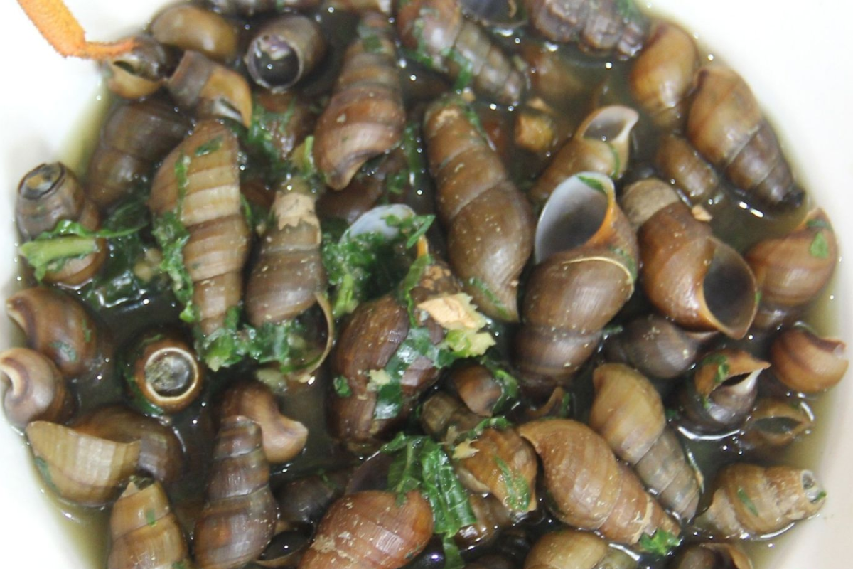 A plate of Suoi Bang stone snails stir-fried with lemongrass and herbs in Moc Chau