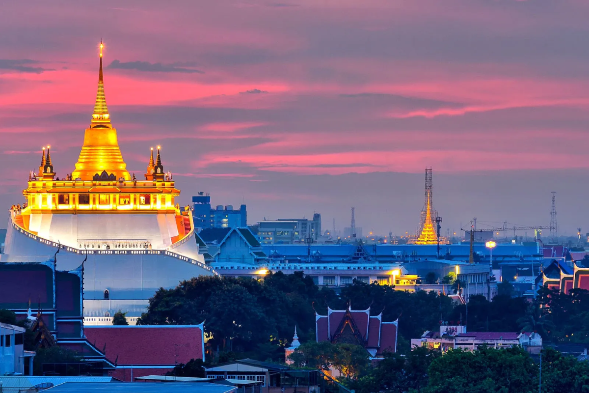 Temple atop the Golden Mount in Bangkok with views of the skyline