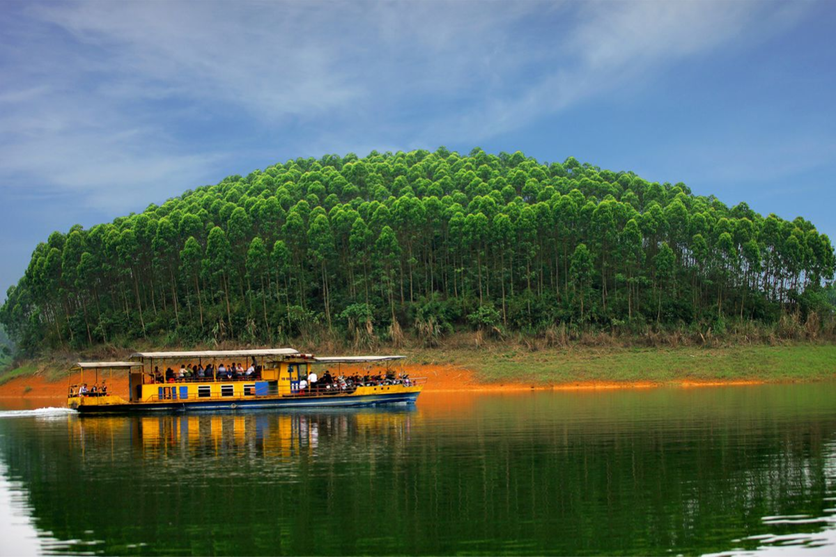 Thac Ba Lake with calm waters and forested islands in Yen Bai
