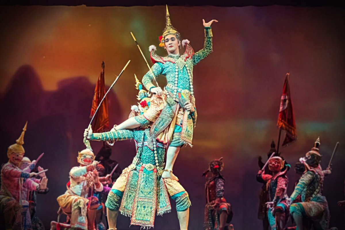 Traditional Khon dance performance on stage with colorful costumes