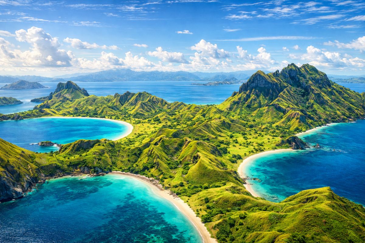 Aerial view of Flores' turquoise bays, Flores Island