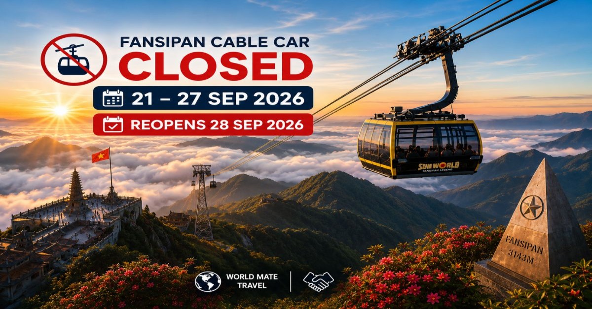 Sun World Fansipan Legend cable car above the cloud sea in Sapa, Vietnam — maintenance closure 21 to 27 September 2026