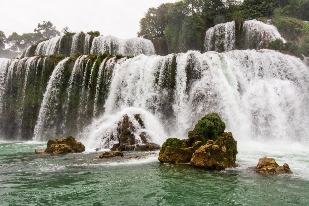 Close-up of Ban Gioc Waterfall with powerful water flow in May