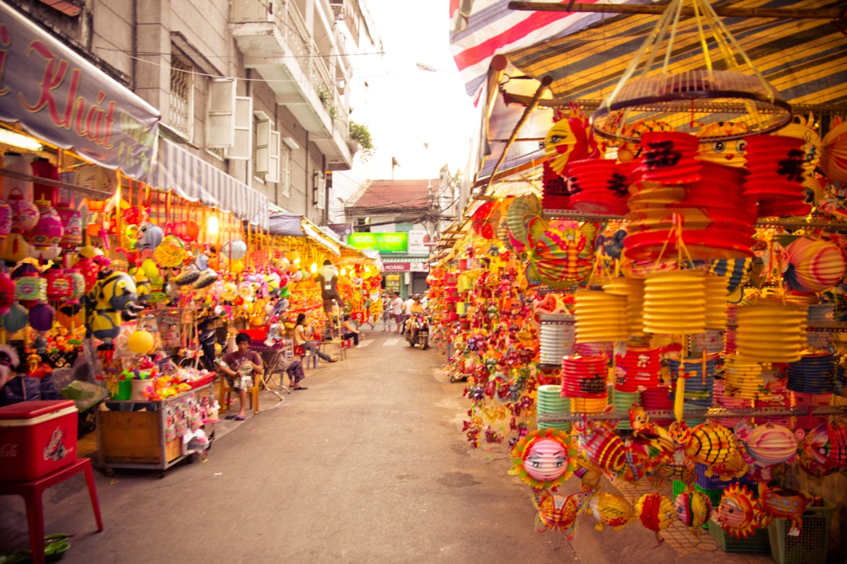 Street view of Chinatown Cholon in Ho Chi Minh City during August with colorful shops
