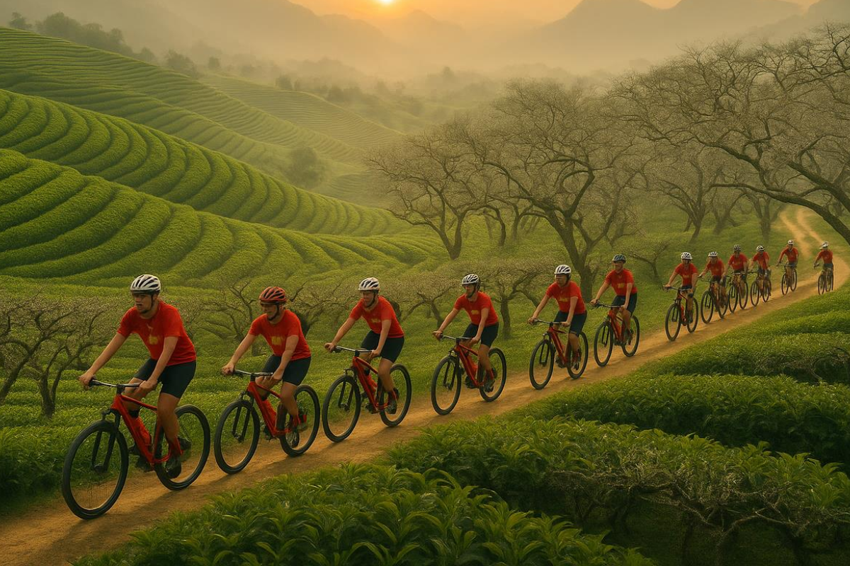 Cyclist biking through tea plantations in Moc Chau, Vietnam
