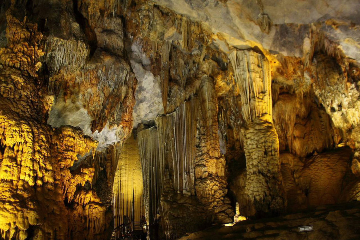 Inside Bat Cave with rock formations and historical legend