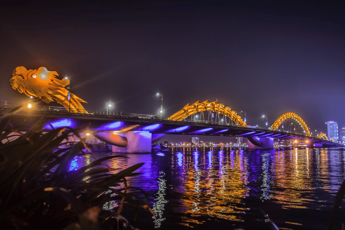 Dragon Bridge in Da Nang with colorful night lights