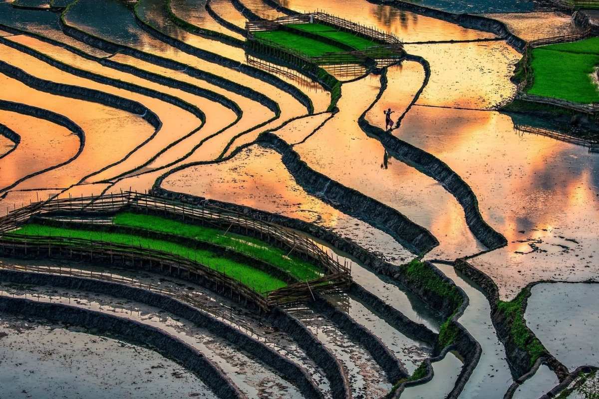 Flooded Ha Giang rice terraces reflecting the sky in spring