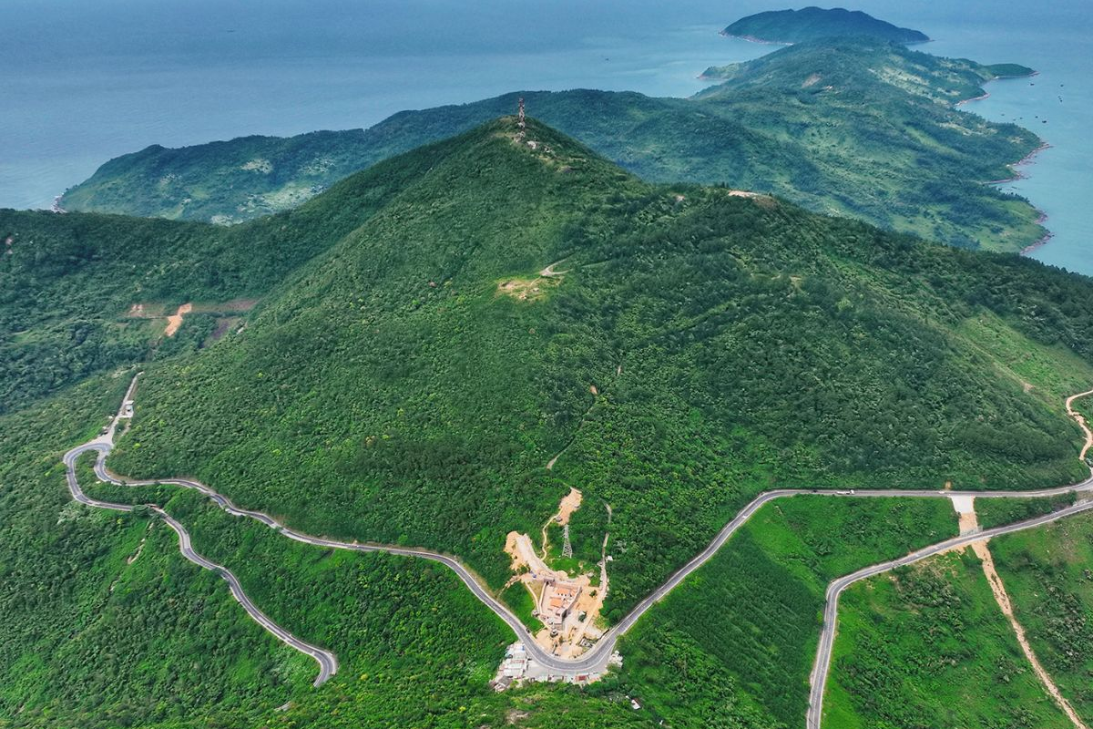 A panoramic view from Hai Van Pass with winding roads