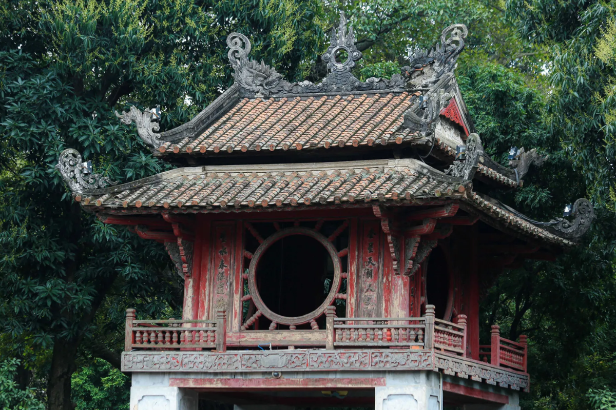 Khue Van Cac – the iconic red wooden pavilion and symbol of Hanoi, located within the Temple of Literature