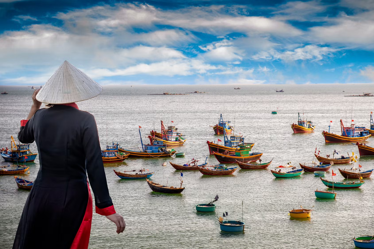 Panoramic view of colorful fishing boats at Mui Ne Fishing Village