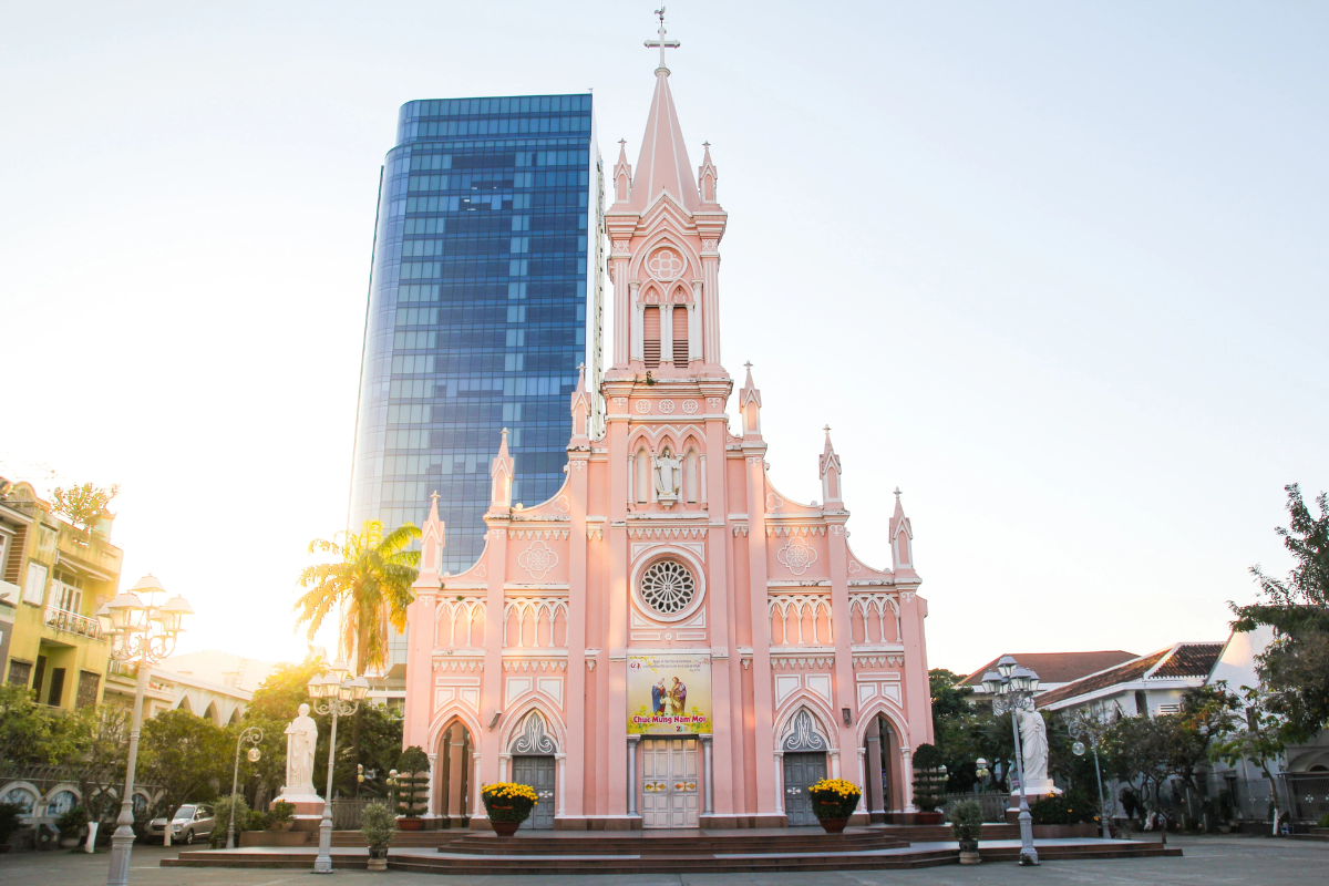 The pink-colored Da Nang Cathedral with its towering spire