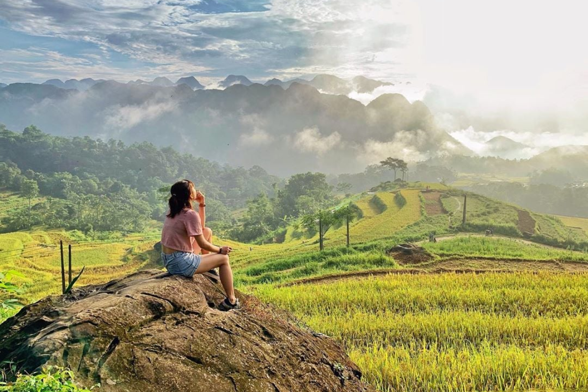 Terraced rice fields in Pu Luong with misty mountains in the background