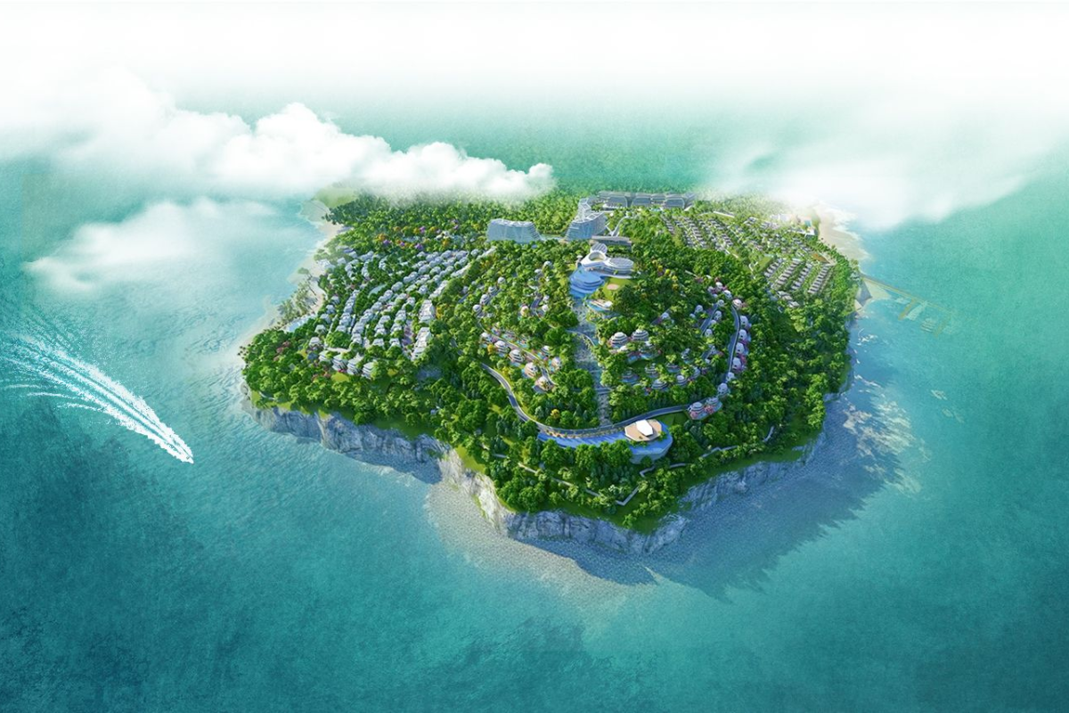 Aerial view of Hon Rom Island with turquoise water, white sands, and green coconut trees