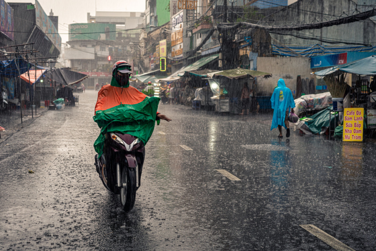 A rainy afternoon in Ho Chi Minh City with motorbikes on the street