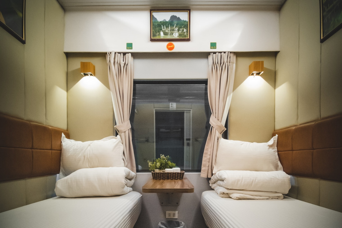 Interior of a soft-sleeper train cabin in Vietnam