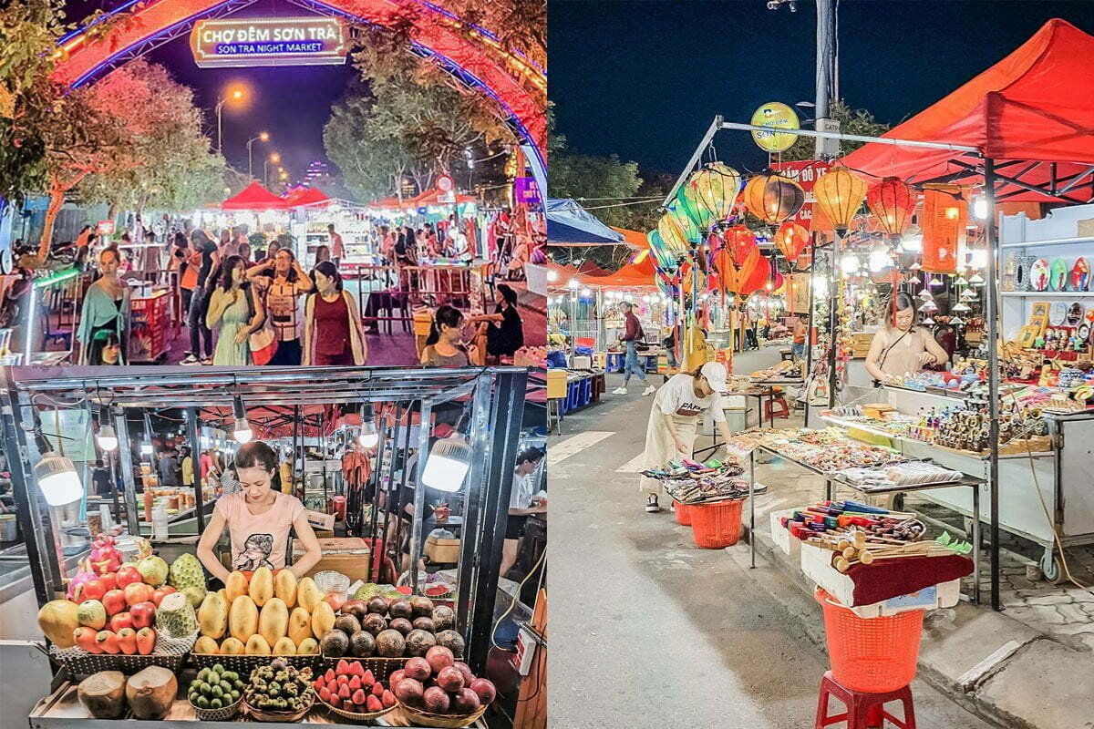 Shoppers exploring Son Tra Night Market at night
