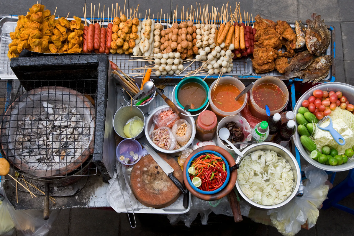 Variety of street food at a market in Bangkok