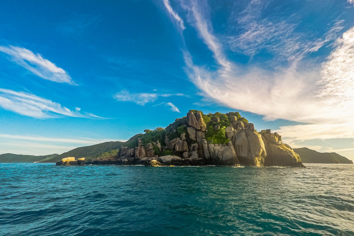 Panoramic view of Trac and Tai Islands from Shark Cape in Con Dao