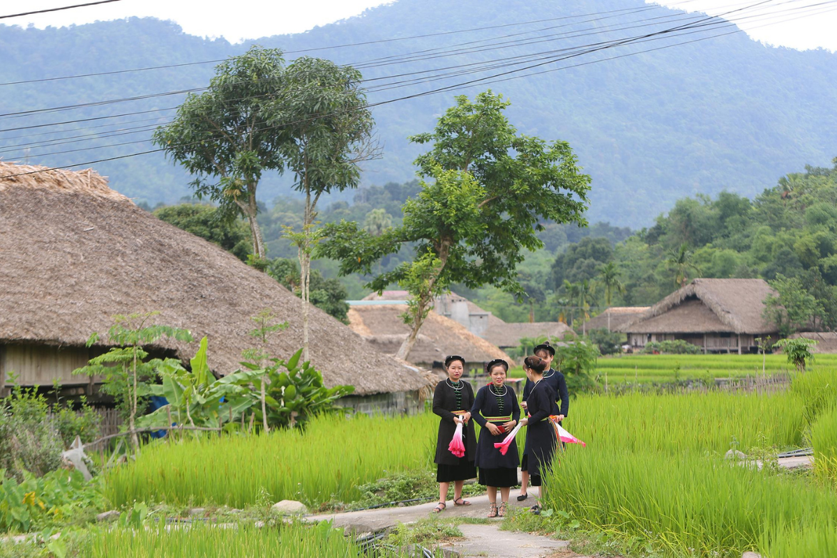 Ethnic minority village near Ban Gioc Waterfall with traditional stilt houses