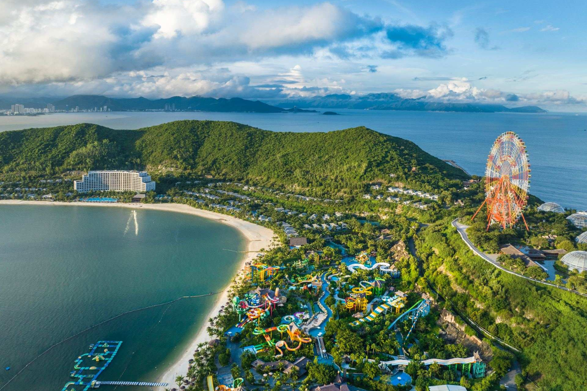 Overview of VinWonders amusement park on Hon Tre Island with water attractions and roller coasters