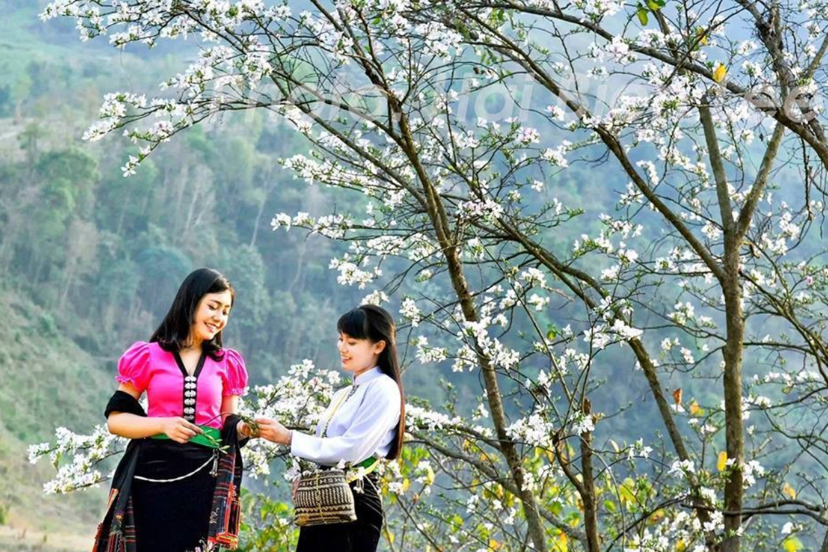 Women in traditional ethnic dress performing at the Ban Flower Festival in Cao Bang