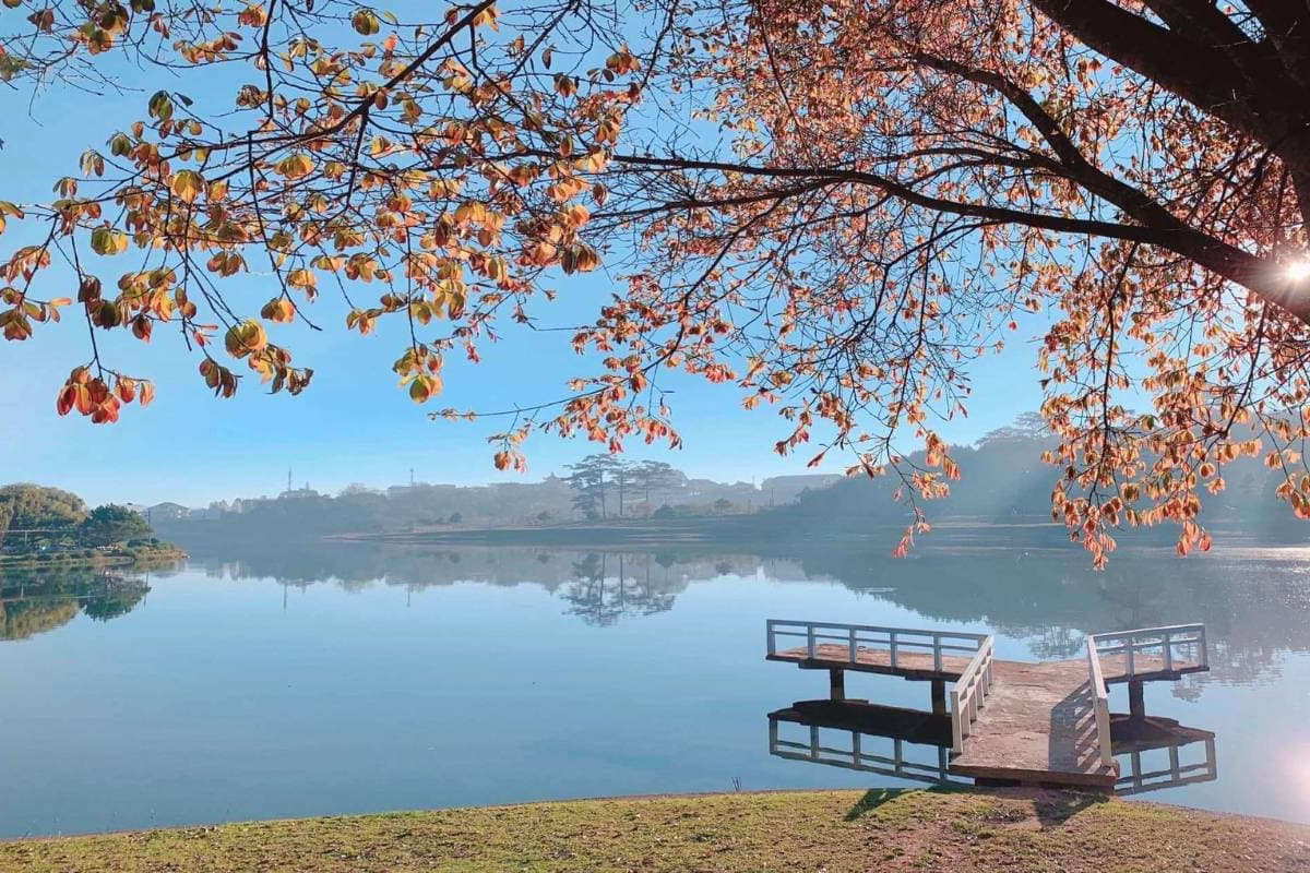 Serene view of Xuan Huong Lake surrounded by greenery in April