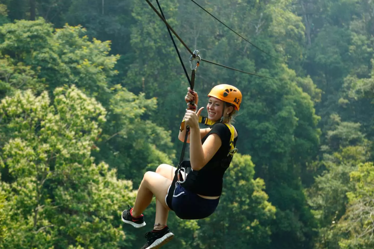 Traveler ziplining above the rainforest canopy in Chiang Rai